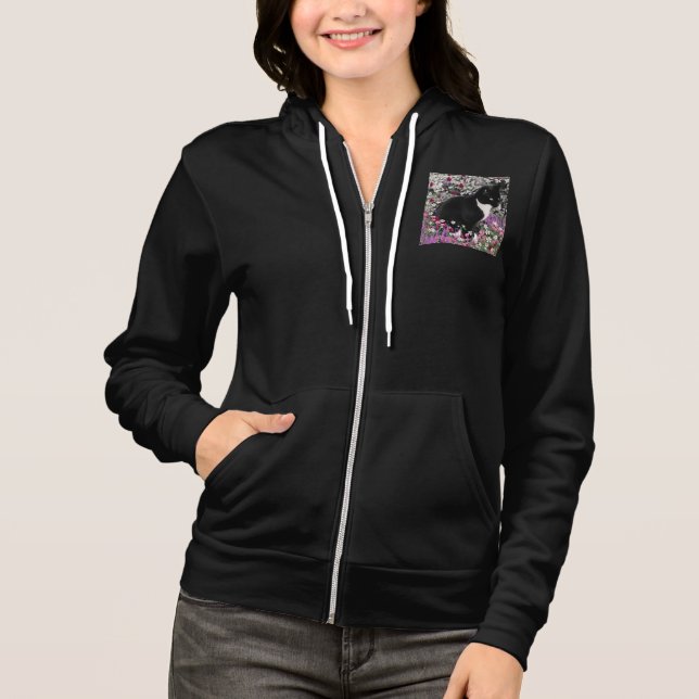 Freckles in Flowers II, Black White Tuxedo Cat Hoodie (Front)