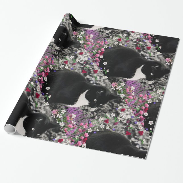 Freckles in Flowers II, Black White Tuxedo Cat Wrapping Paper (Unrolled)