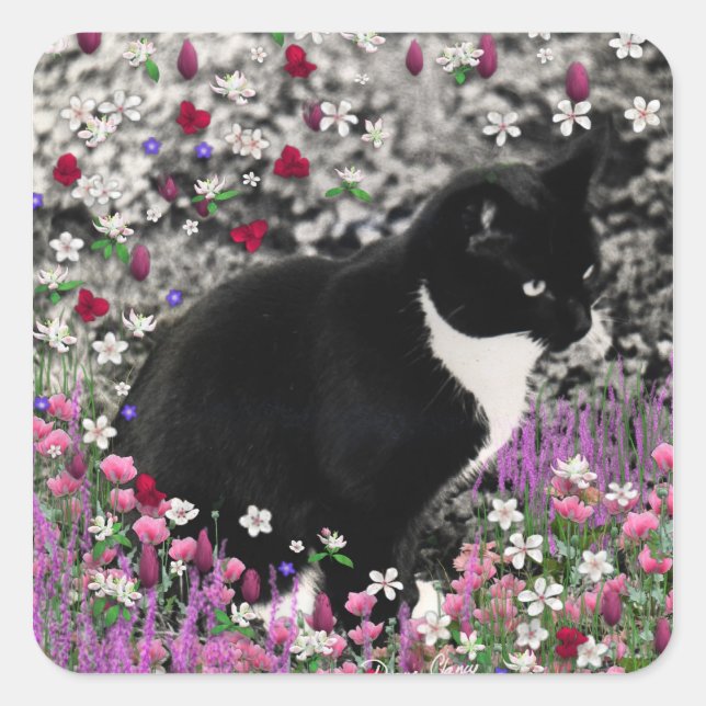 Freckles in Flowers II - Tux Kitty Cat Square Sticker (Front)
