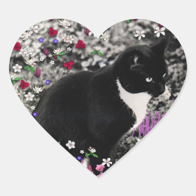 Freckles in Flowers II - Tuxedo Cat Heart Sticker (Front)