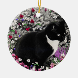 Freckles in Flowers II - Tuxedo Kitty Cat Ceramic Tree Decoration