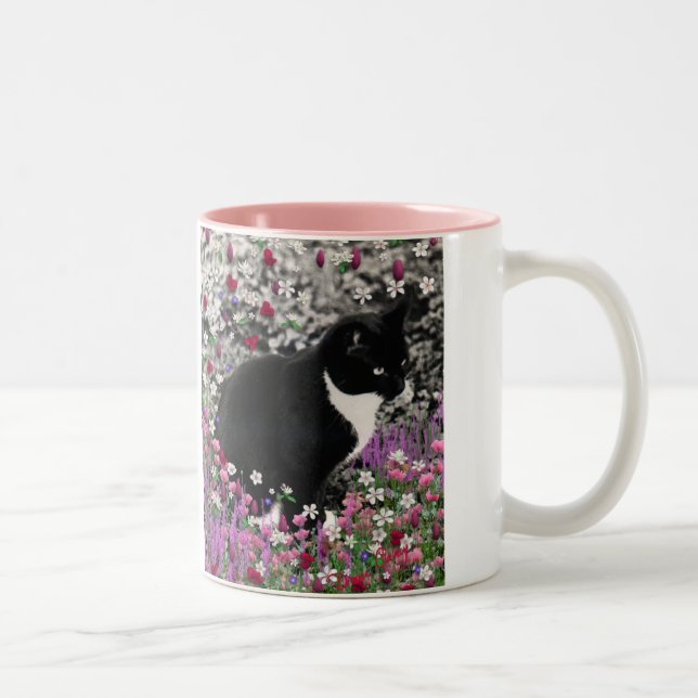 Freckles in Flowers II - Tuxedo Kitty Cat Two-Tone Coffee Mug (Right)