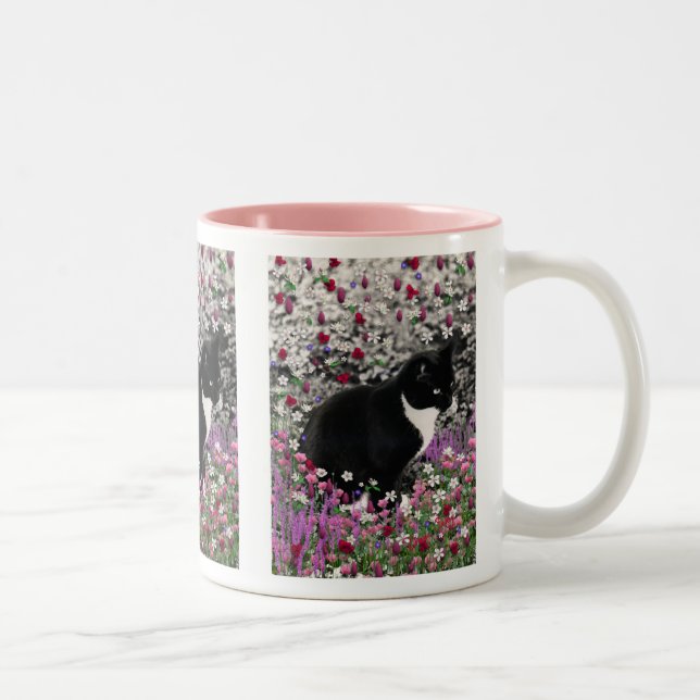 Freckles in Flowers II - Tuxedo Kitty Cat Two-Tone Coffee Mug (Right)