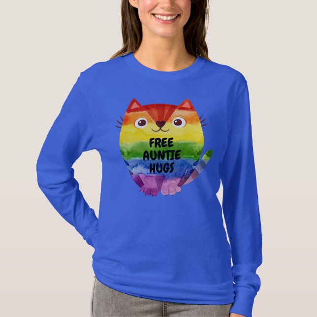 Free Auntie Hugs Pride LGBTQ Flag Cat  T-Shirt (Front)