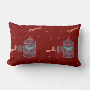Free Bird Birdcage   Folk Art Hands and Blue Bird  Lumbar Cushion