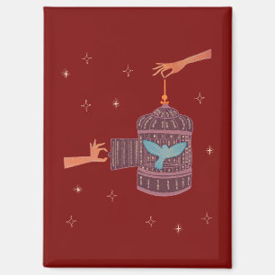 Free Bird Birdcage Folk Art Hands and Blue Bird Magnet