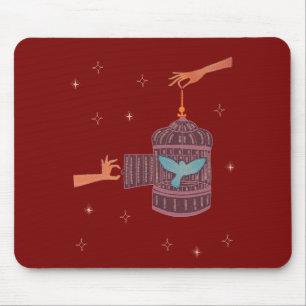 Free Bird Birdcage Folk Art Hands and Blue Bird Mouse Pad