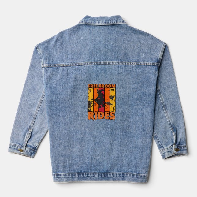 Free Broom Rides Halloween Flying Witch Ghost Bats Denim Jacket (Back)
