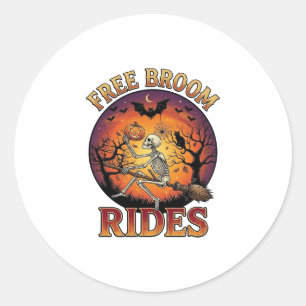 Free Broom Rides Halloween Skeleton Pumpkin Black  Classic Round Sticker