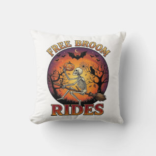 Free Broom Rides Halloween Skeleton Pumpkin Black  Cushion