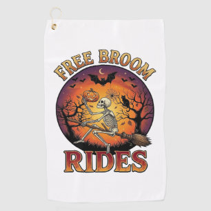 Free Broom Rides Halloween Skeleton Pumpkin Black  Golf Towel