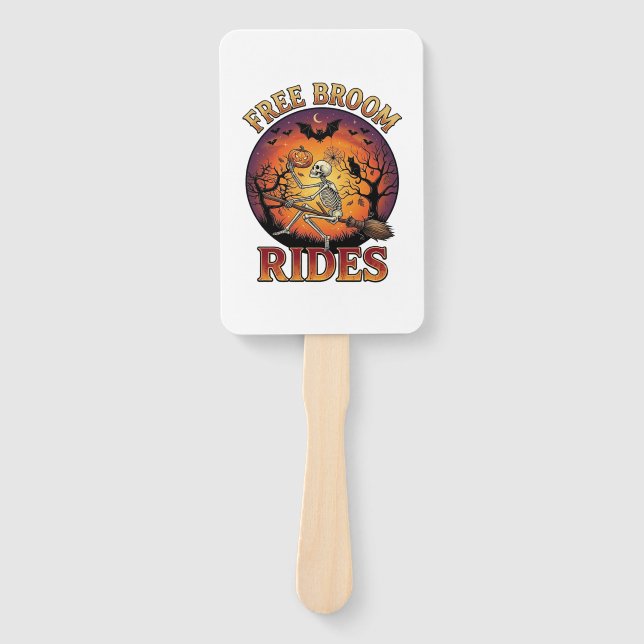 Free Broom Rides Halloween Skeleton Pumpkin Black  Hand Fan (Front)