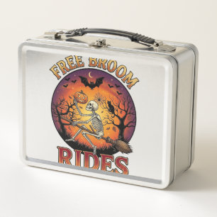 Free Broom Rides Halloween Skeleton Pumpkin Black Metal Lunch Box