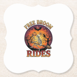 Free Broom Rides Halloween Skeleton Pumpkin Black Paper Coaster