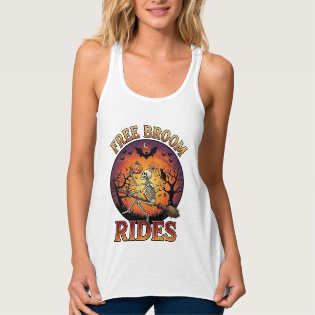Free Broom Rides Halloween Skeleton Pumpkin Black  Singlet (Front)