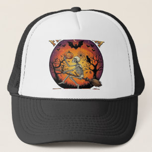 Free Broom Rides Halloween Skeleton Pumpkin Black Trucker Hat