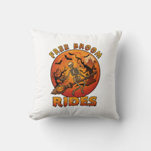 Free Broom Rides Halloween Skeleton Pumpkin Orange Cushion