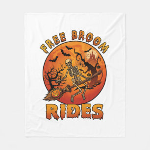Free Broom Rides Halloween Skeleton Pumpkin Orange Fleece Blanket