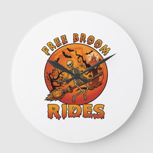 Free Broom Rides Halloween Skeleton Pumpkin Orange Large Clock (Front)