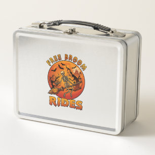 Free Broom Rides Halloween Skeleton Pumpkin Orange Metal Lunch Box