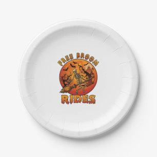 Free Broom Rides Halloween Skeleton Pumpkin Orange Paper Plate