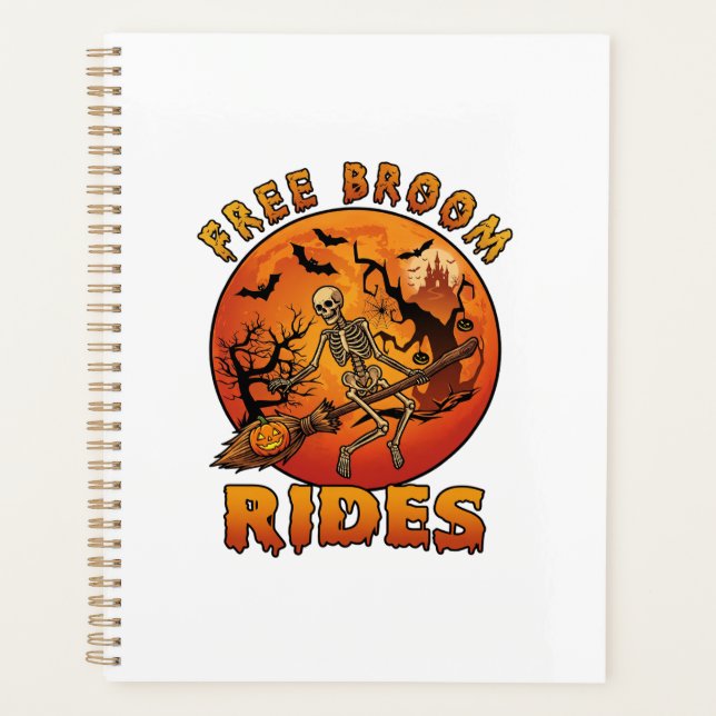 Free Broom Rides Halloween Skeleton Pumpkin Orange Planner (Front)