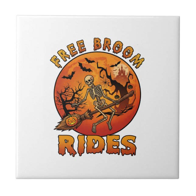 Free Broom Rides Halloween Skeleton Pumpkin Orange Tile (Front)