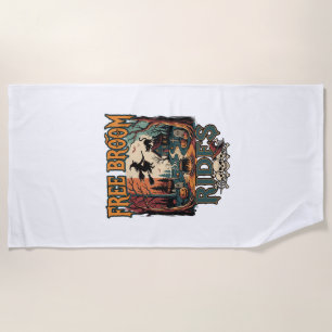 Free Broom Rides Halloween Witch Cat Skulls_1 Beach Towel