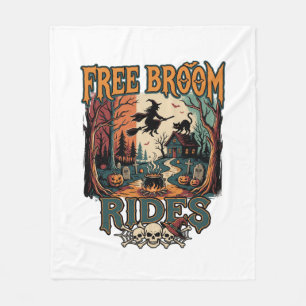 Free Broom Rides Halloween Witch Cat Skulls_1 Fleece Blanket