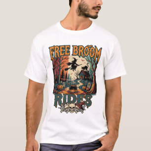 Free Broom Rides Halloween Witch Cat Skulls_1 T-Shirt