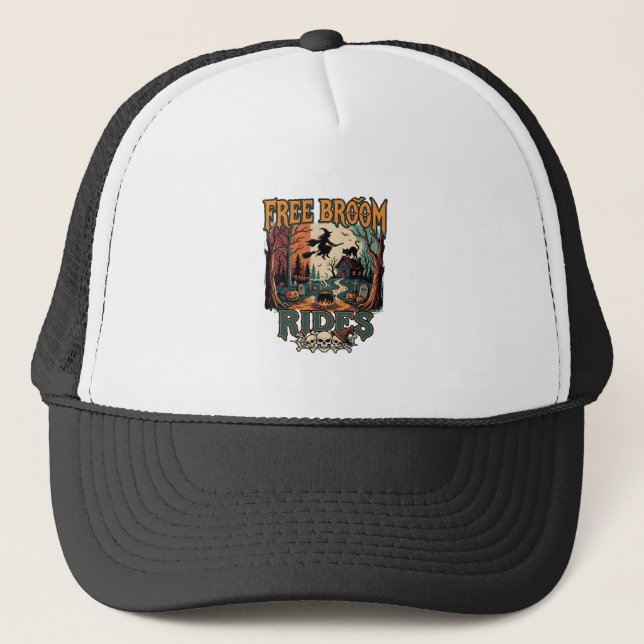 Free Broom Rides Halloween Witch Cat Skulls_1 Trucker Hat (Front)