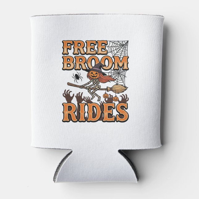Free Broom Rides Halloween Witch Skeleton Design_1 Can Cooler (Front)