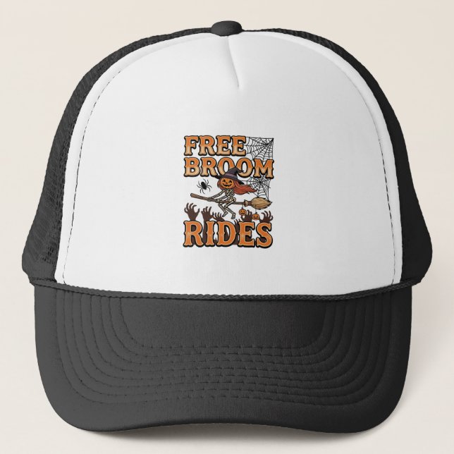 Free Broom Rides Halloween Witch Skeleton Design_1 Trucker Hat (Front)
