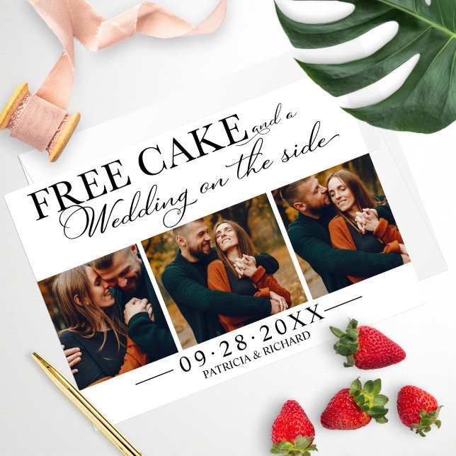 Free Cake Funny Wedding Save The Date 3 Photo Invitation (Creator Uploaded)