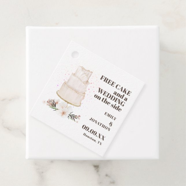 Free Cake Wedding On Side Text Brown Save The Date Favour Tags (In Situ)