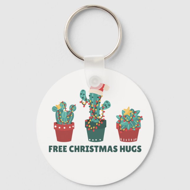 Free Christmas Hugs Funny Cactus Plants Keychain (Front)