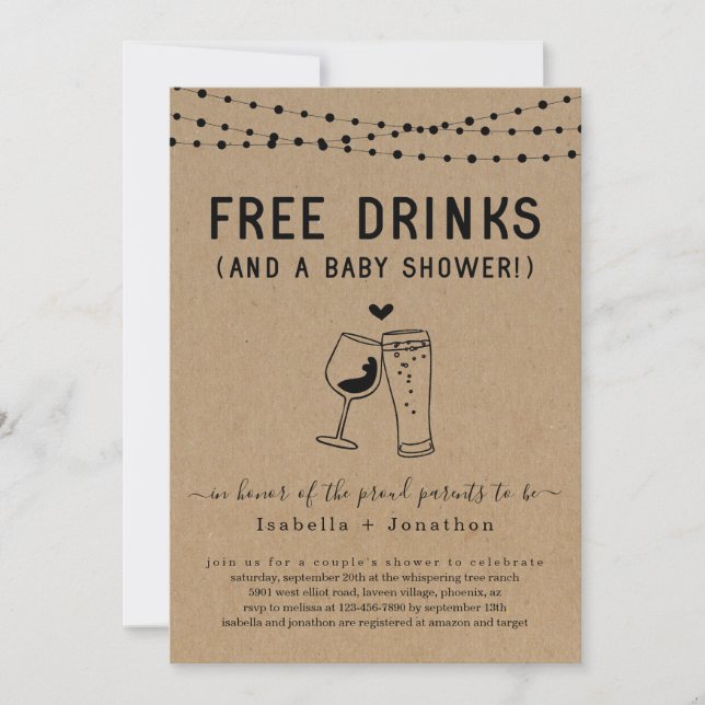 Free Drinks & a Baby Shower Couples Gender Neutral Invitation (Front)