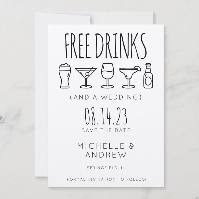 Free Drinks And A Wedding Save the Date Invitation (Front)