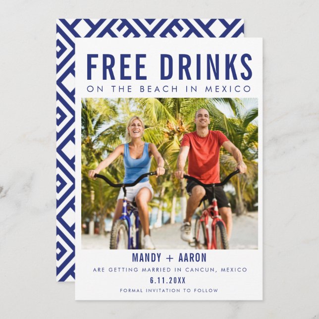 Free Drinks Beach in Mexico Destination Wedding Save The Date (Front/Back)