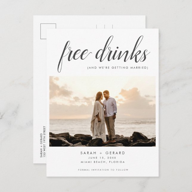 Free Drinks Beach Wedding Photo Save the Date Announcement Postcard (Front/Back)