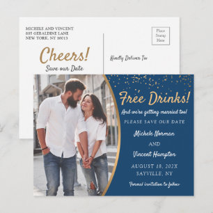 Free Drinks Blue Gold Photo Casual Save The Date Postcard