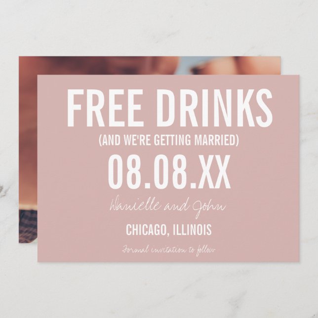 Free Drinks Blush Pink Photo Wedding Save the Date (Front/Back)