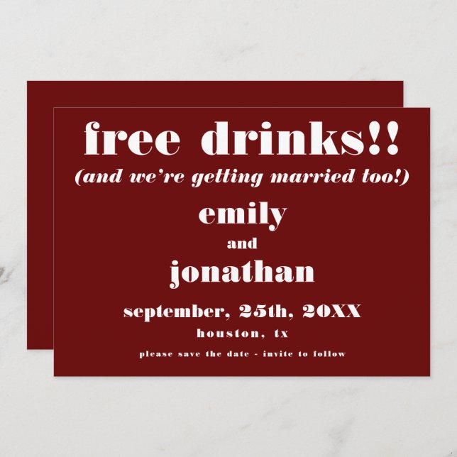 Free Drinks Casual Burgundy Wedding Save The Date (Front/Back)