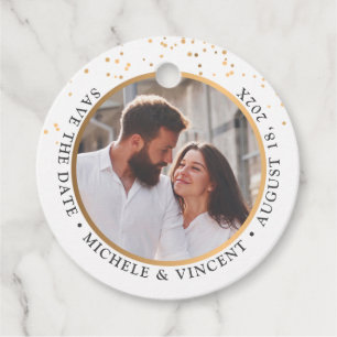 Free Drinks Casual Save The Date Black Gold Photo Favour Tags