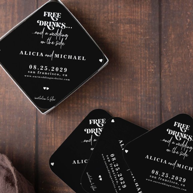 Free drinks funny modern wedding save the date pap paper coaster (Creator Uploaded)