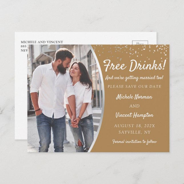 Free Drinks Modern Casual Save The Date with Photo Postcard (Front/Back)
