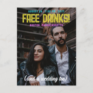 Free Drinks! Neon Fonts Wedding Save the Date Announcement Postcard