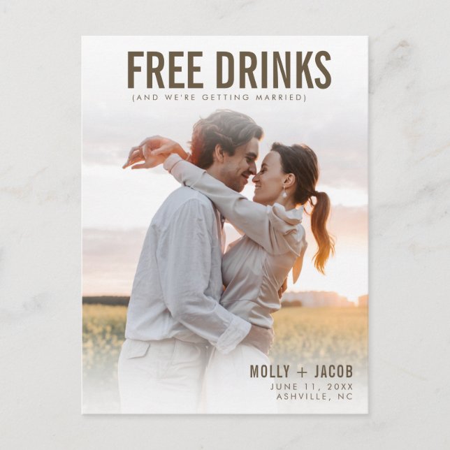 Free Drinks Photo Wedding Save the Date Announcement Postcard (Front)