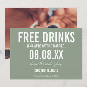 Free Drinks Sage Green Photo Wedding Save the Date
