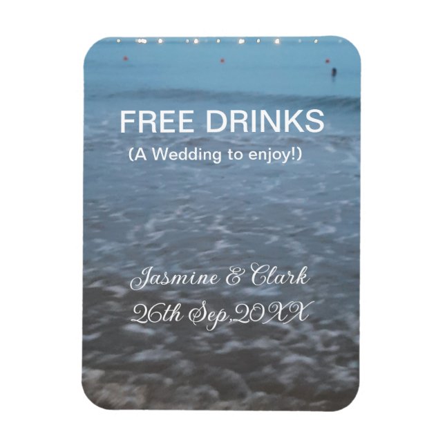 Free drinks save the date beach wedding add name  magnet (Vertical)